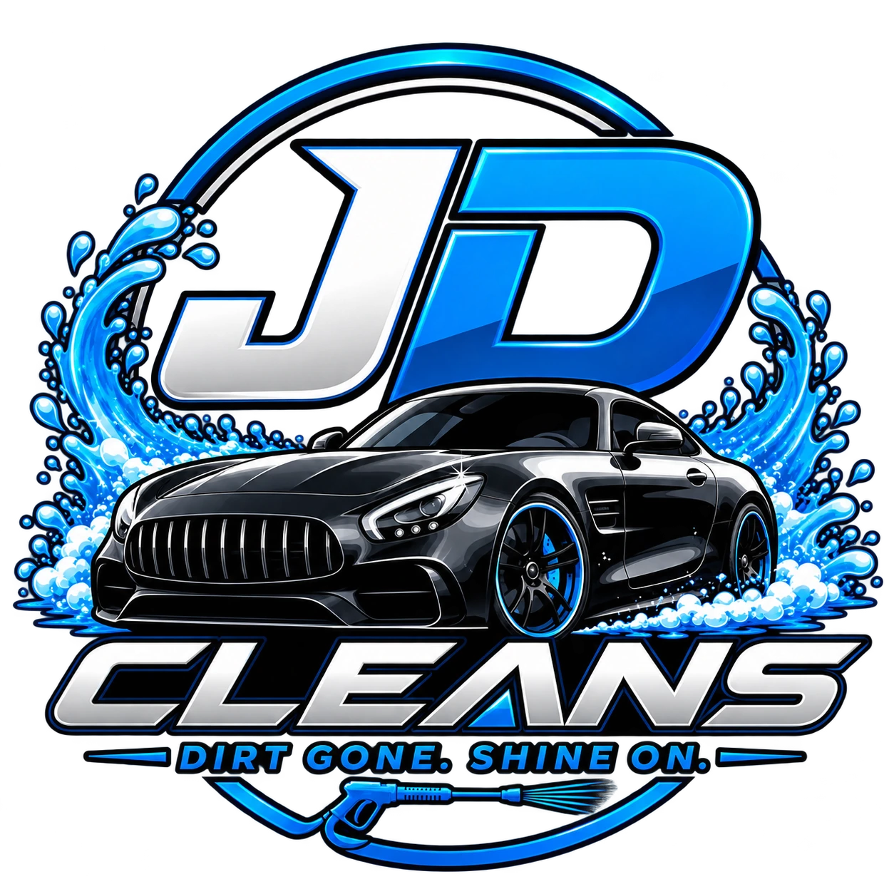 JD Cleans illustrated logo with a sports car and blue water splashes. Dirt Gone. Shine On.